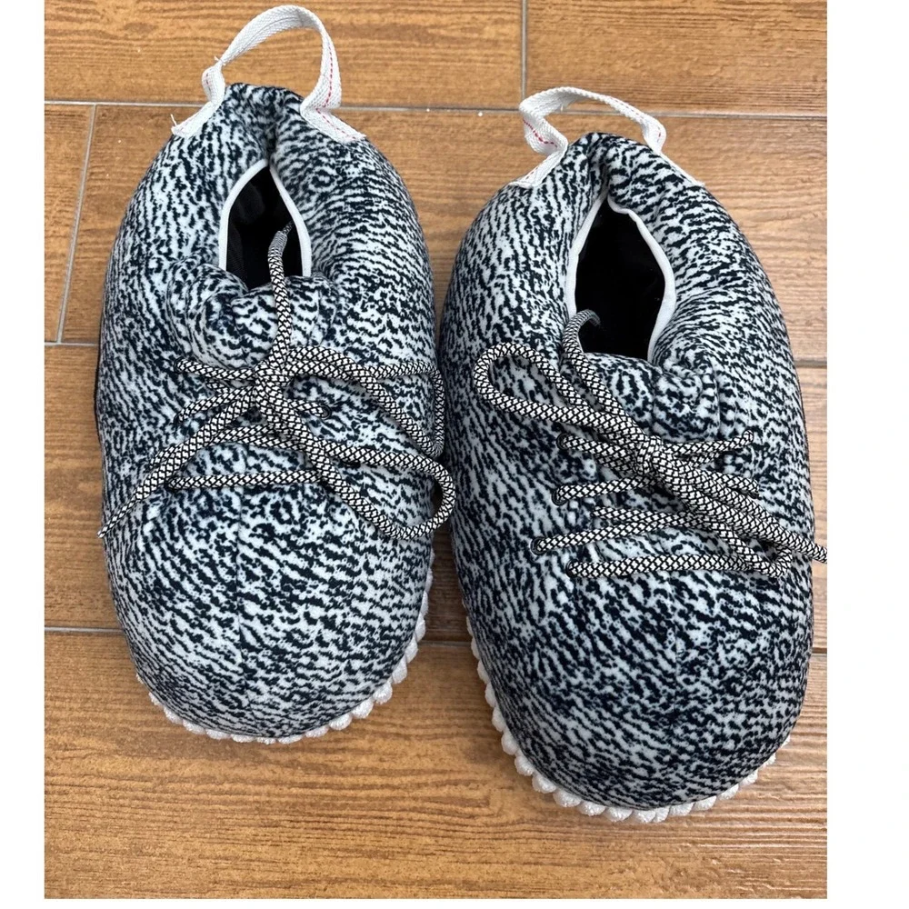 Kids Plush Sneaker Slippers Black White Streetwear Style House Shoes Size Medium